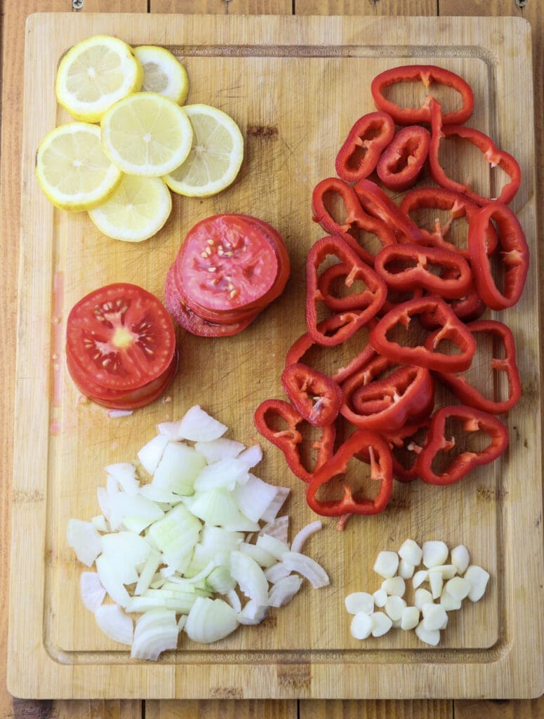 image showing how to slice the vegetables and crush the garlic